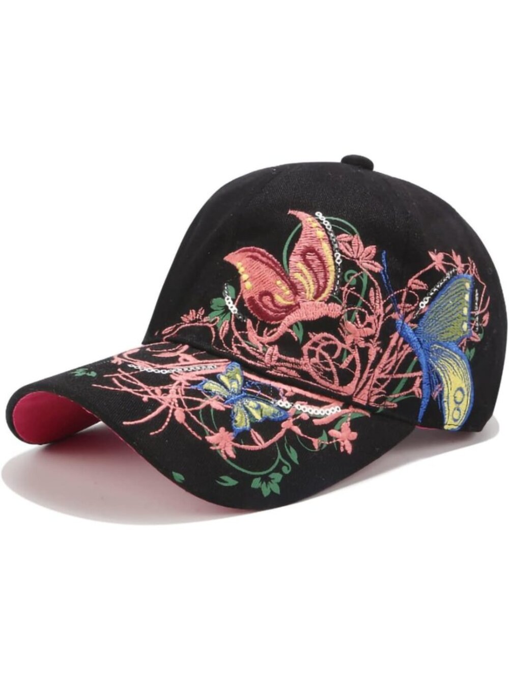 Embroidered Butterfly Baseball Cap with Flower Print & Bling - Adjustable Sun